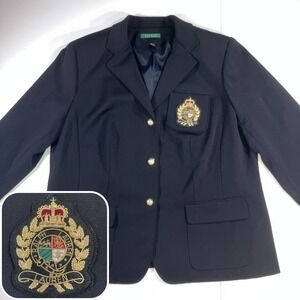 Polo Ralph Lauren Womens Blazer 18W Laine Wool Crest Embroidered Jacket Black
